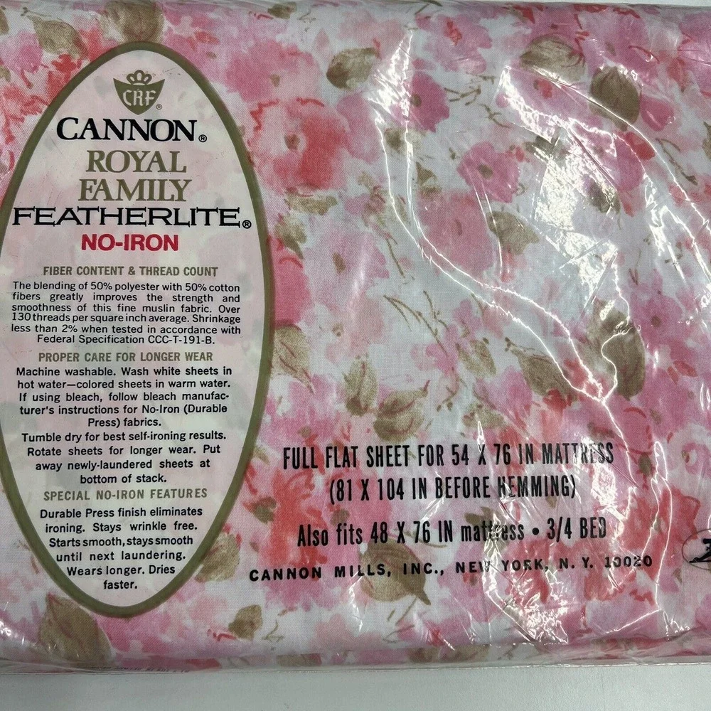 Vintage‎ Cannon Royal Family Full Flat Sheet Pink Floral Featherlite 54 x 76